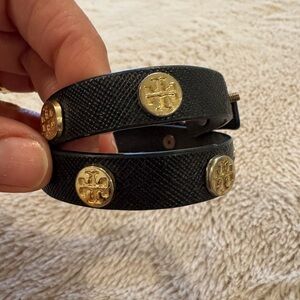 Tory Burch Black Leather Bracelet with Gold Accents